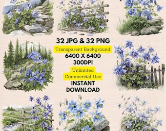 Watercolor Aquilegia Coerulea Colorado Blue Columbine Clipart PNG Instant Download for Wedding Invitations Cards, Wall Art, Junk Journaling