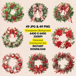 Christmas Wreath Watercolor Clipart PNG JPG Bundle Instant Digital Download, Unlimited Commercial Use, Birthday Invitation Card, Paper Craft