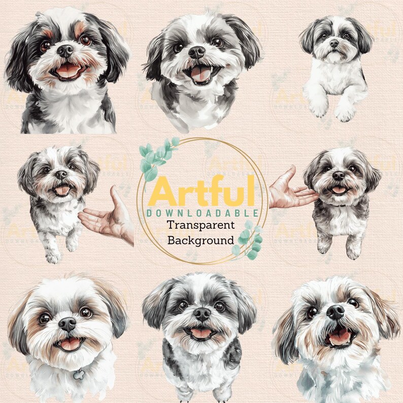 Shih Tzu Portrait Watercolor Clipart PNG JPG Bundle Birthday Invitation ...