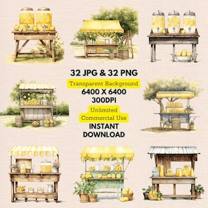 Lemonade Stand Watercolor Clipart PNG JPG Bundle Natychmiastowe pobieranie cyfrowe, nieograniczone wykorzystanie komercyjne, tworzenie zaproszeń urodzinowych, rzemiosło papierowe