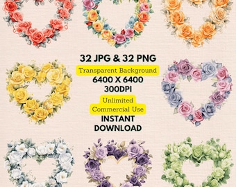Watercolor Heart Shape Roses Border Frame Wreath Clipart PNG Instant Download for Printable Wedding Invitation Card Wall Art Junk Journaling