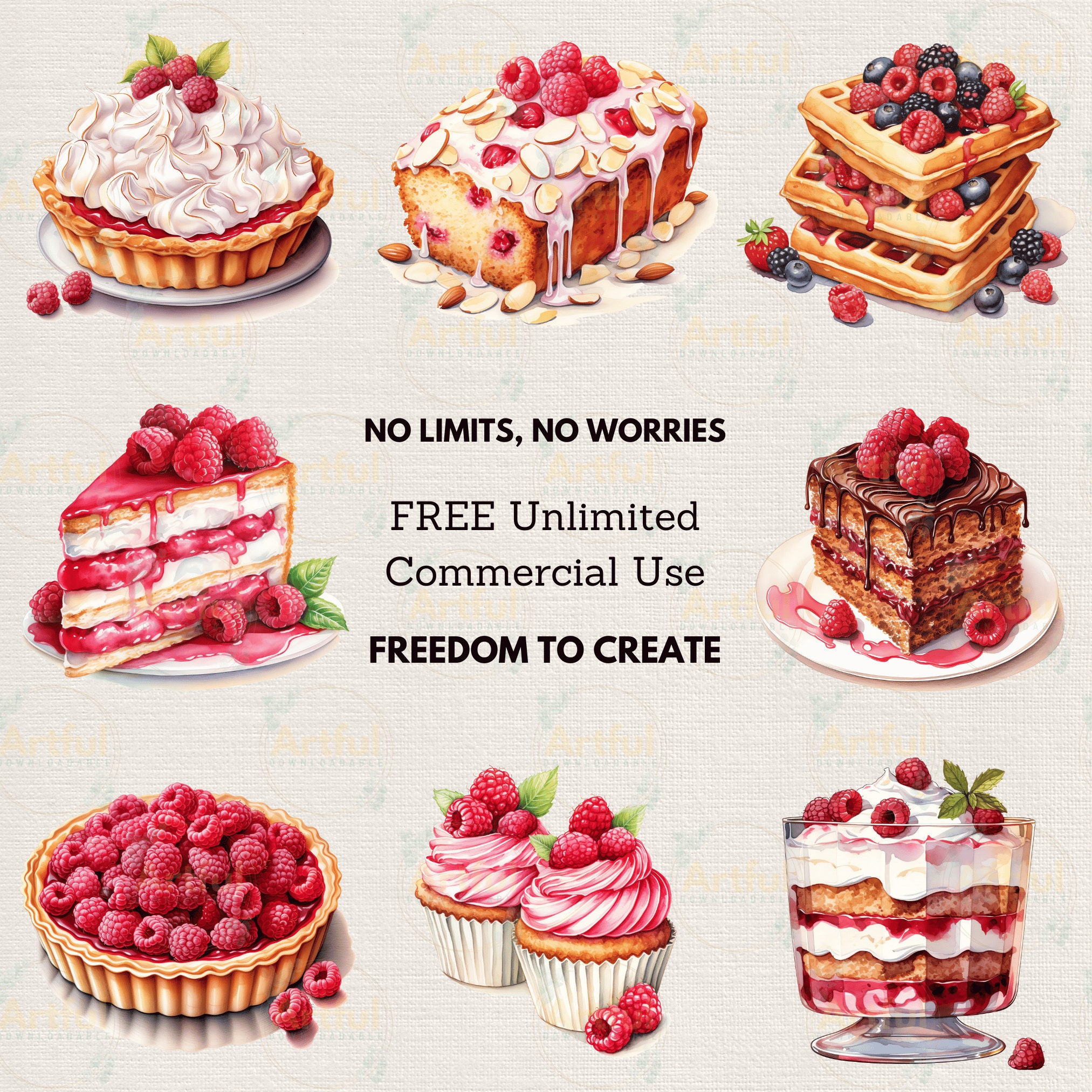 Raspberry Dessert Watercolor Clipart PNG JPG Bundle Instant Digital ...