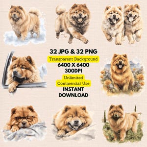 Chow Chow Watercolor Clipart PNG JPG Bundle Instant Digital Download Unlimited Commercial Use, Making Birthday Invitation Card, Paper Craft
