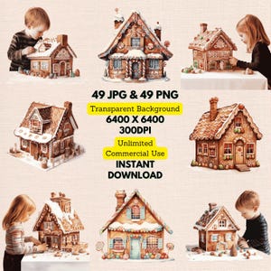 Gingerbread House Watercolor Clipart PNG JPG Bundle Instant Digital Download, Unlimited Commercial Use, Birthday Invitation Card Paper Craft