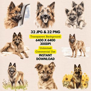 Belgian Tervuren Watercolor Clipart PNG JPG Bundle Instant Digital Download, Unlimited Commercial Use, Birthday Invitation Card, Paper Craft