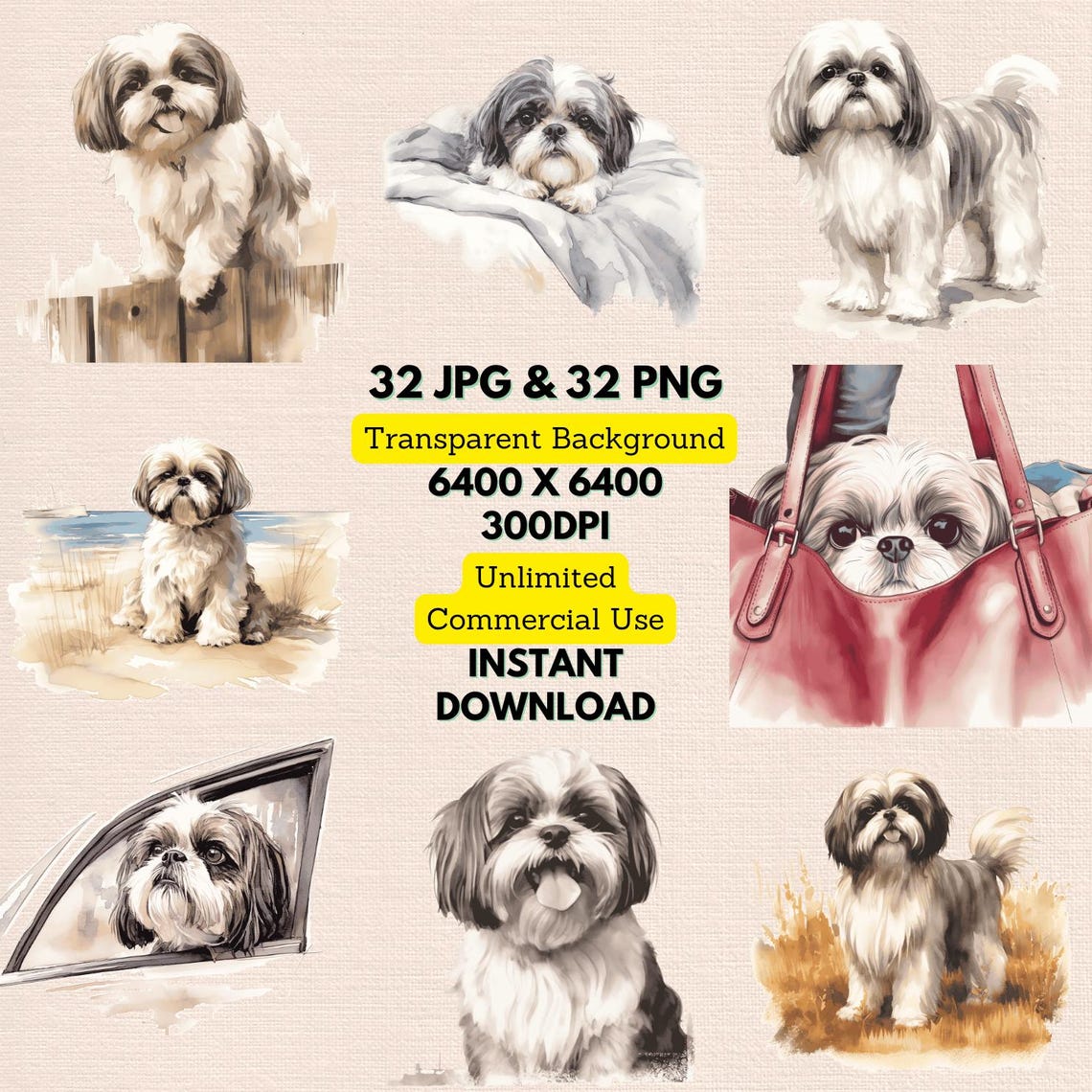 Cute Shih Tzu Watercolor Clipart Bundle DIY Birthday Invitation Card ...