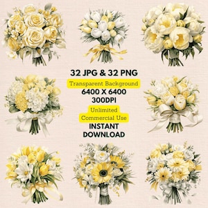 Watercolor White Yellow Bridal Floral Bouquet Clipart PNG Instant Download for Wedding Invitations Card, Printable Wall Art Decor Journaling