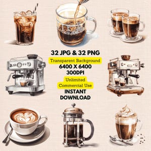 Coffee Watercolor Clipart PNG JPG Bundle Instant Digital Download, Unlimited Commercial Use, Making Birthday Invitation Card, Paper Craft