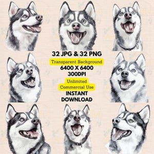 Portrait de Husky sibérien en levant des cliparts aquarelle PNG JPG Bundle anniversaire invitation fabrication de cartes Scrapbooking Journal imprimable chambre d'enfant mur