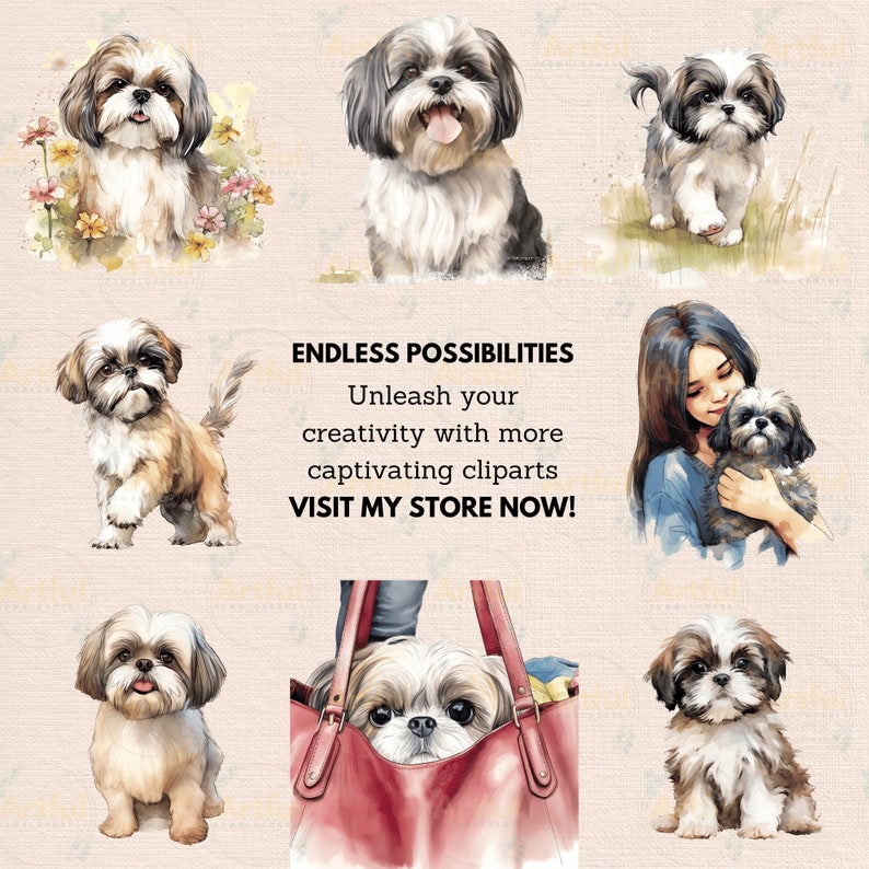Cute Shih Tzu Watercolor Clipart Bundle DIY Birthday Invitation Card ...