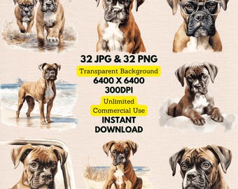 May include: A digital illustration set of 32 Boxer puppies in various poses. The puppies are depicted in a watercolor style with realistic details. The images are perfect for use in digital scrapbooking, card making, and other creative projects.