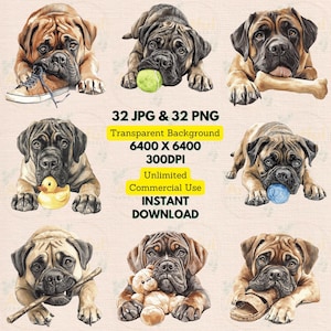 Mastiff kauwspeelgoed rubberen eend apporteren stok schoen spelen teddybeer aquarel clipart PNG JPG bundel maken verjaardagsuitnodigingen papier ambacht
