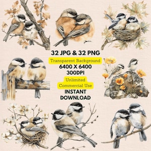 Paire de mésanges coiffées d'aquarelles noires mignon oiseau Couple Clipart PNG téléchargement numérique Invitations de mariage carte de voeux journal indésirable