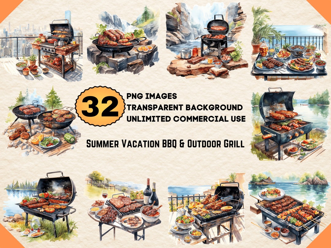 Summer Vacation BBQ & Backyard Outdoor Grill Watercolor Clipart PNG JPG ...
