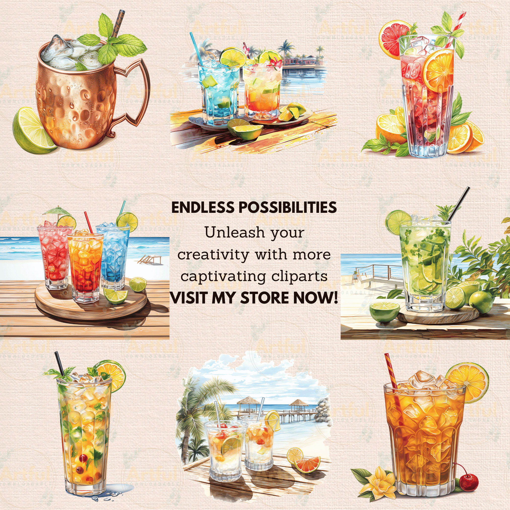 Summer Cocktails Watercolor Clipart PNG JPG Bundle Instant Digital ...