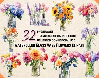 Watercolor Glass Vase of Flowers Clipart PNG Instant Download for Printable Wedding Invitations Card, Wall Art Decor, Junk Journaling Crafts