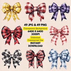 May include: Set of 49 watercolor illustrations of bows in various colors and patterns, including red and white gingham, blue and white gingham, black and white gingham, yellow plaid, and purple plaid. The bows are isolated on a transparent background.