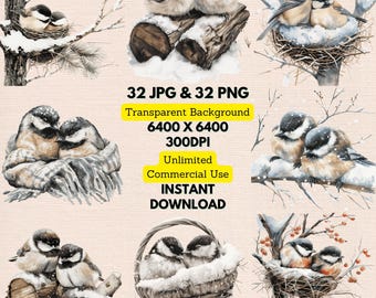 Watercolor Cute Black Capped Chickadees Winter Snow Clipart PNG Bundle Commercial Use Digital Download Wedding Invitations Card Junk Journal
