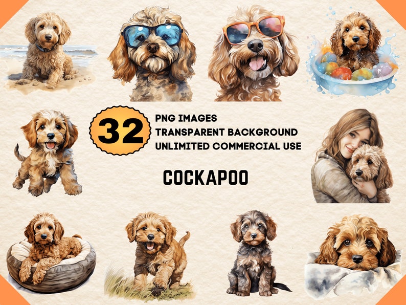 Cockapoo Watercolor Clipart PNG JPG Bundle Instant Digital Download ...