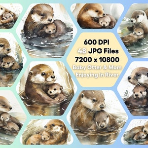 Bundle de cliparts aquarelle de bébé loutre et maman, animal JPG, téléchargement numérique instantané, utilisation illimitée, carte d'invitation d'anniversaire