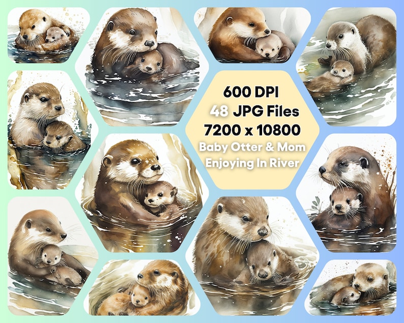 Baby Otter & Mom Enjoying in River Watercolor Clipart Bundle, Animal