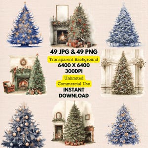 Christmas Tree Watercolor Clipart PNG JPG Bundle Instant Digital Download, Unlimited Commercial Use, Birthday Invitation Card, Paper Craft