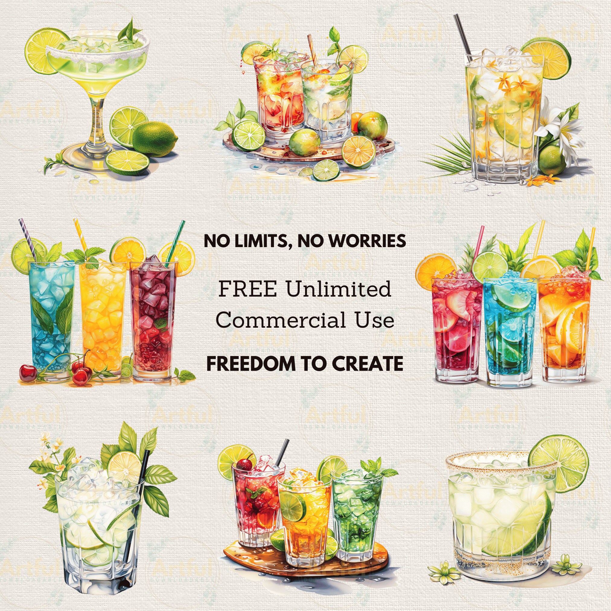 Summer Cocktails Watercolor Clipart PNG JPG Bundle Instant - Etsy