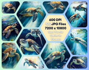 Puede incluir: Un collage de arte digital de 120 imágenes de alta resolución de tortugas marinas nadando en el océano. Las imágenes son de 7200 x 10800 píxeles y 600 DPI. El texto "Sea Turtle Swim In Ocean" está en el centro del collage.