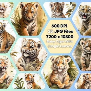 Ensemble de cliparts aquarelle de bébé tigre avec des feuilles de la jungle, JPG animal mignon, téléchargement numérique instantané, utilisation illimitée, carte d'invitation d'anniversaire