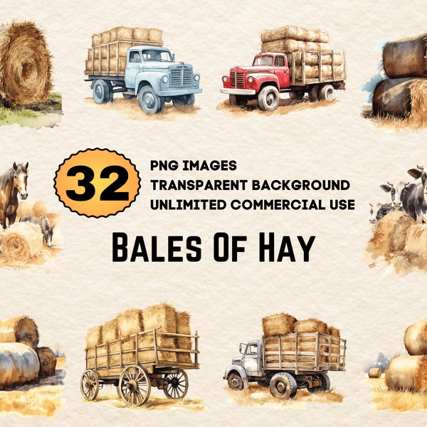 Bales Of Hay Watercolor Clipart PNG JPG Bundle Instant Digital Download, Unlimited Commercial Use, Making Birthday Invitation, Paper Craft