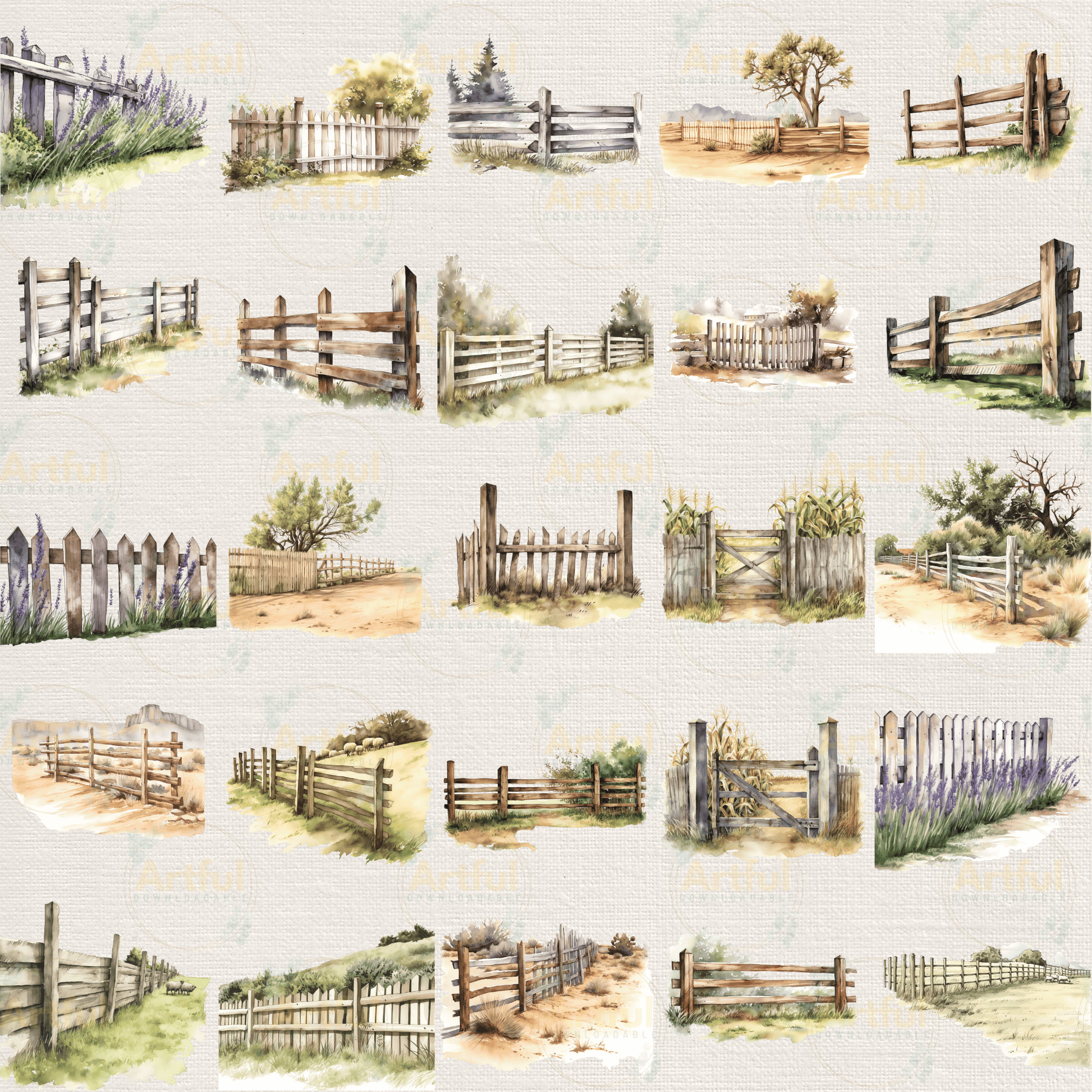 Rustic Wooden Fence Watercolor Clipart PNG JPG Bundle Instant Digital ...