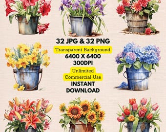Watercolor Rustic Floral Vintage Buckets Clipart PNG Instant Download for Printable Wedding Invitation Card, Wall Art, Junk Journaling Craft