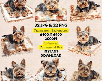 Op de afbeelding: Digitale kunst met meerdere illustraties van Yorkshire Terriers. Elke hond ligt op een decoratief kussen of kleed. De afbeelding bevat tekst over 32 JPG- en PNG-bestanden, transparante achtergrond, hoge resolutie en onbeperkt commercieel gebruik.