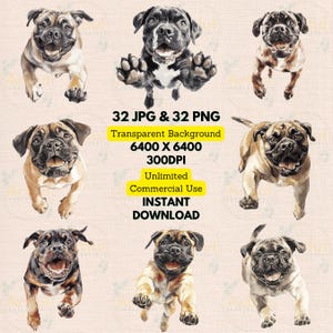 Mastiff loopt aquarel clipart PNG JPG bundel maken verjaardagsuitnodiging papier scrapbooking ongewenste Journal afdrukbare kinderkamer Wall Art Deco
