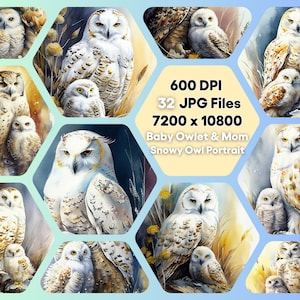 Ensemble de cliparts aquarelle bébé et maman harfang des neiges, animal mignon JPG téléchargement numérique, usage commercial illimité, carte d'invitation d'anniversaire