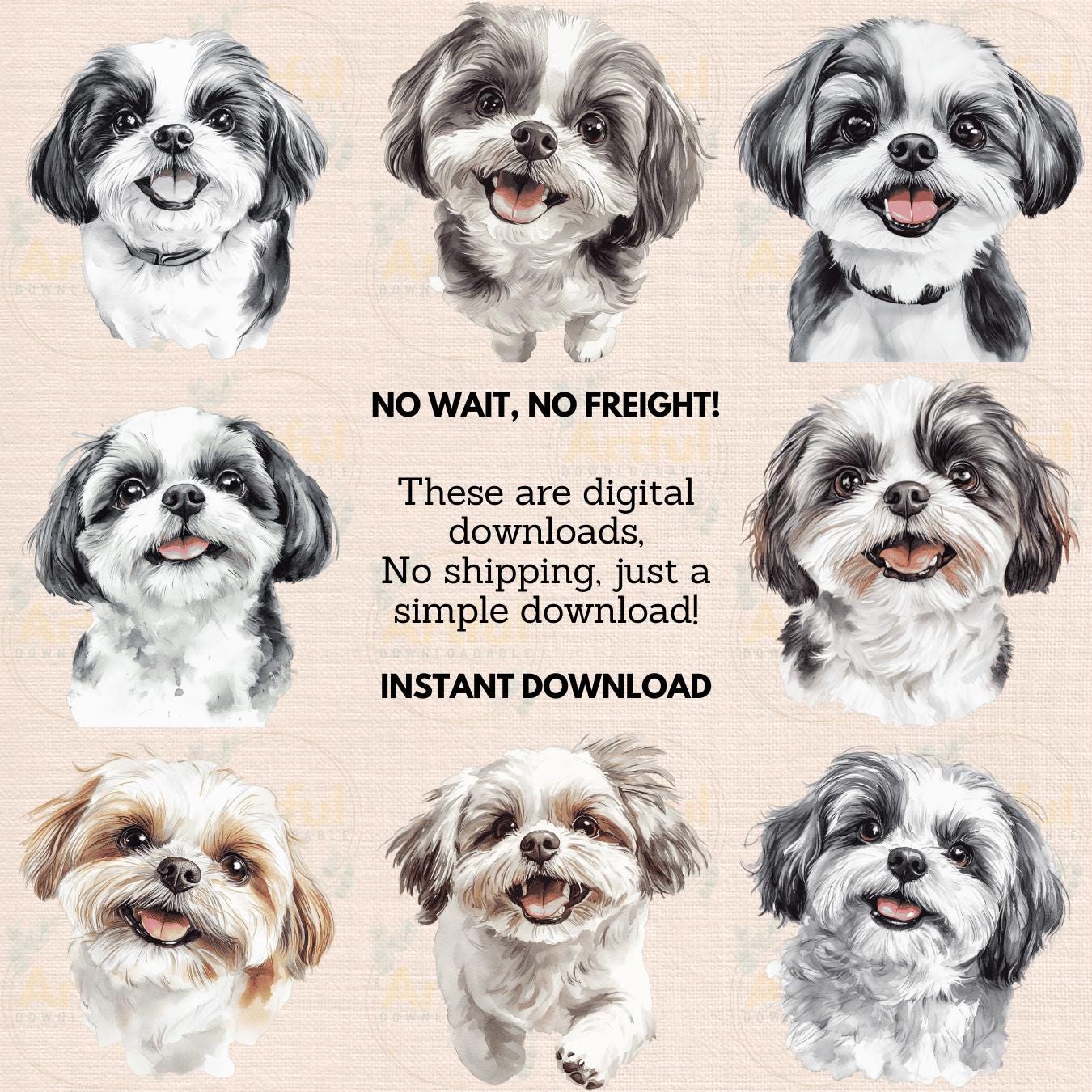 Shih Tzu Portrait Watercolor Clipart PNG JPG Bundle Birthday Invitation ...