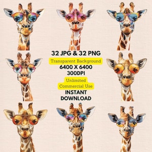Aquarel giraf met meerkleurige tint zonnebril clipart PNG bundel digitale download uitnodigingen kaart ongewenste dagboek kinderkamer kunst aan de muur decor