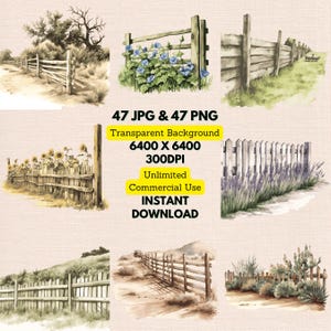 Rustic Wooden Fence Watercolor Clipart PNG JPG Bundle Instant Digital Download Unlimited Commercial Use, Making Invitation Card, Paper Craft