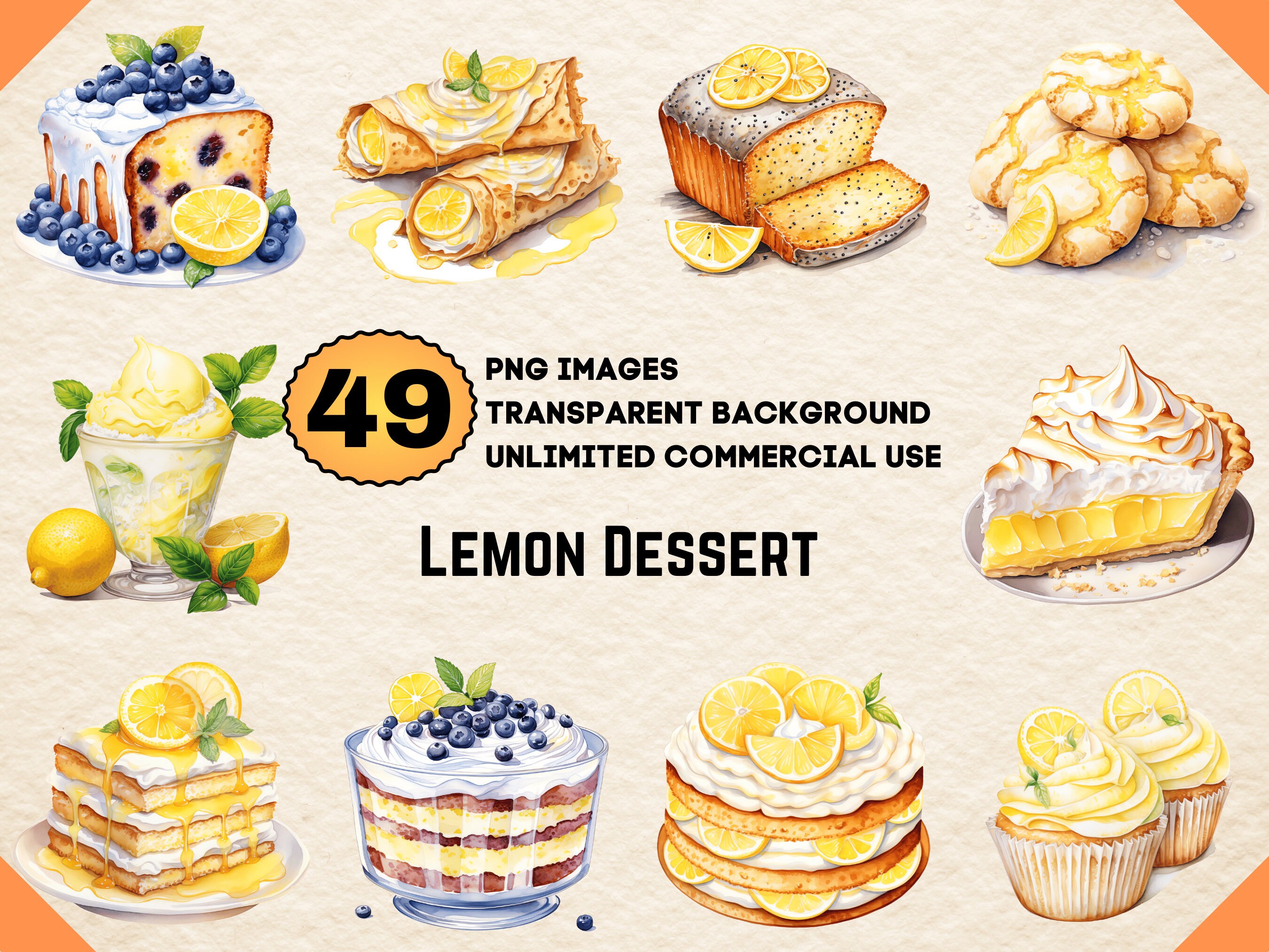 Lemon Dessert Watercolor Clipart PNG JPG Bundle Instant - Etsy