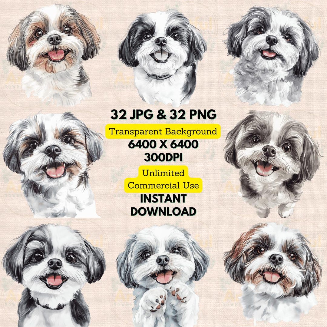 Shih Tzu Portrait Watercolor Clipart PNG JPG Bundle Birthday Invitation ...