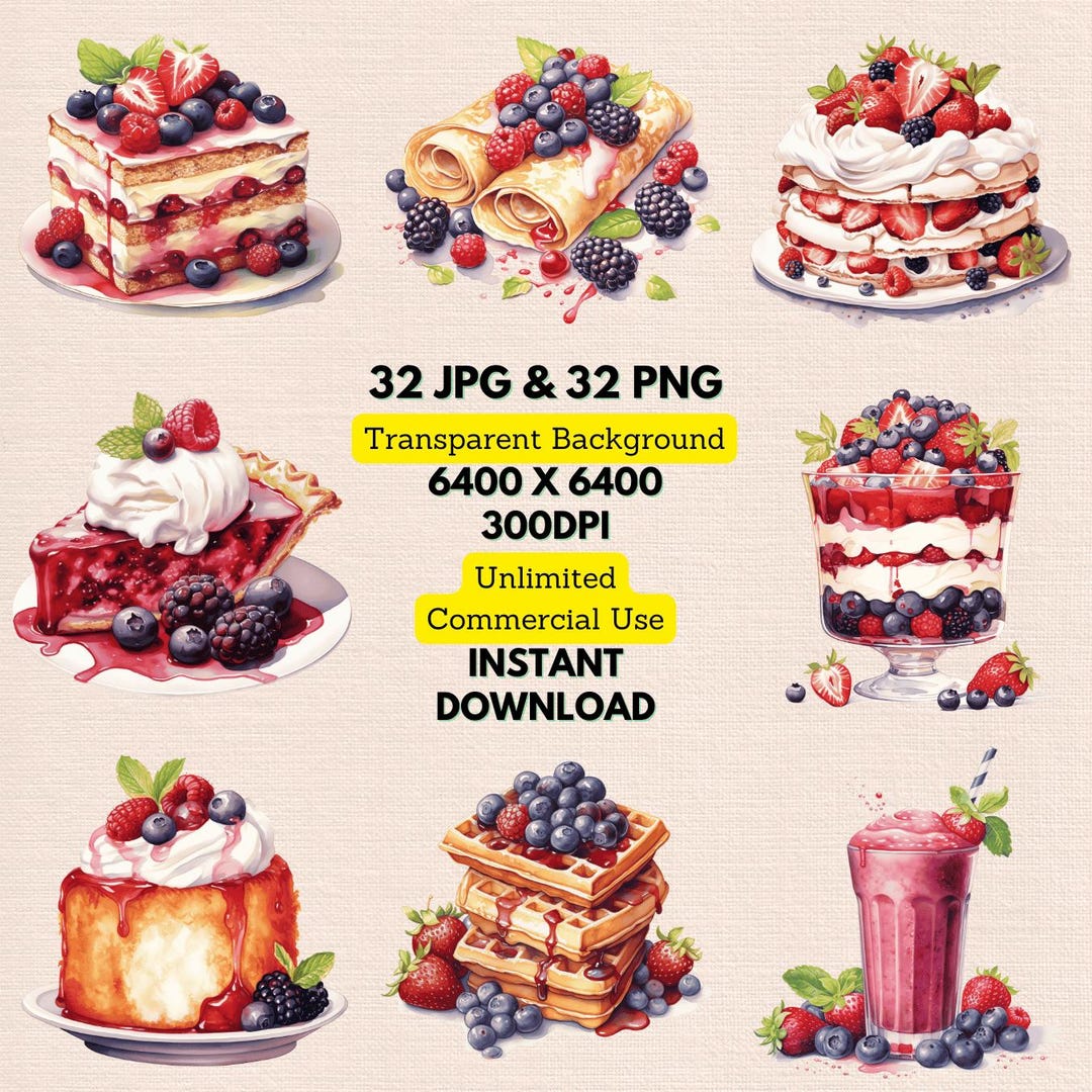 Mixed Berries Dessert Watercolor Clipart PNG JPG Bundle Instant Digital ...