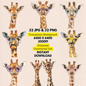 Aquarel giraf met kleurrijke levendige stijlvolle leesbril clipart PNG digitale download uitnodigingen kaart ongewenste dagboek kinderkamer kunst aan de muur
