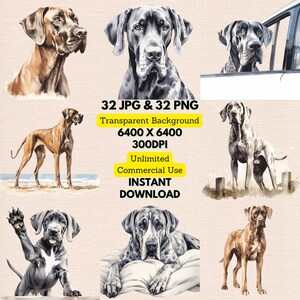 Great Dane aquarel clipart PNG JPG bundel instant digitale download onbeperkt commercieel gebruik, verjaardagsuitnodigingskaart maken, Paper Craft