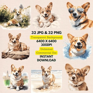 Corgi mignon aquarelle Clipart PNG JPG Bundle téléchargement numérique instantané, usage commercial illimité, carte d'invitation d'anniversaire pour enfants, créations en papier
