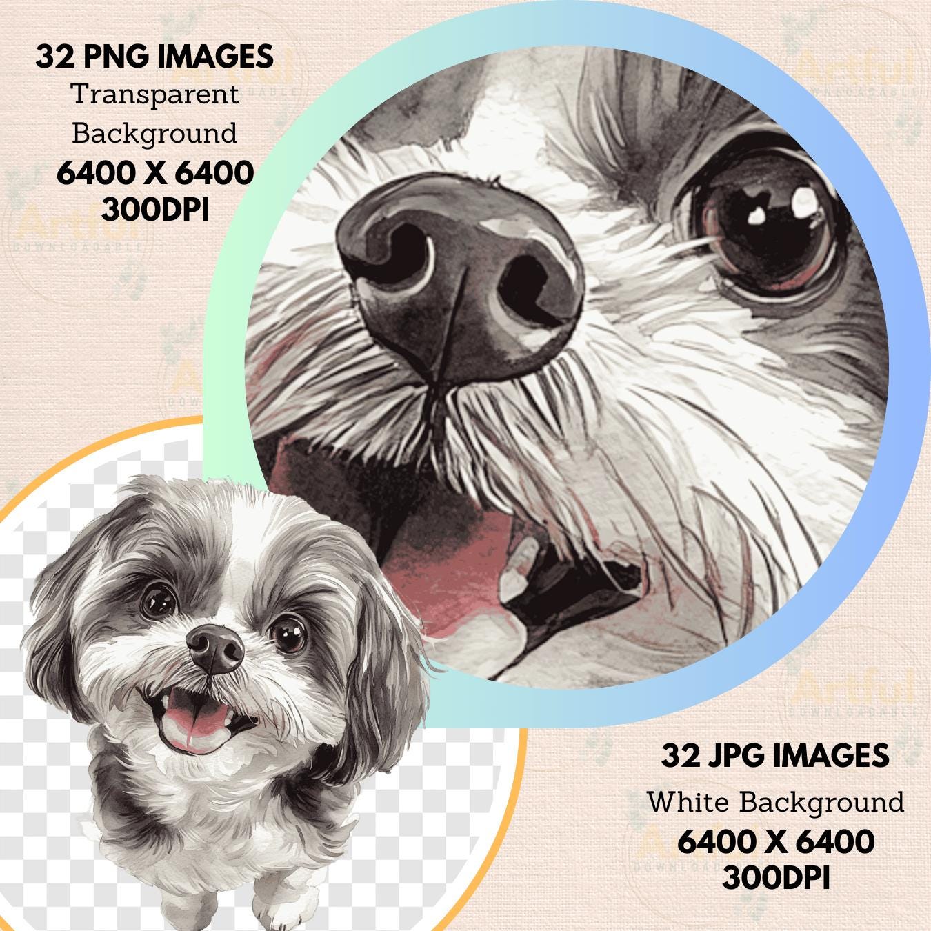 Shih Tzu Portrait Watercolor Clipart PNG JPG Bundle Birthday Invitation ...