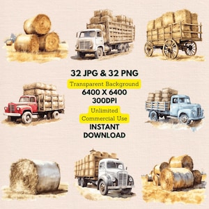 Pacote de clipart de fardos de feno aquarela PNG JPG Download digital instantâneo, uso comercial ilimitado, criação de convites de aniversário, artesanato em papel