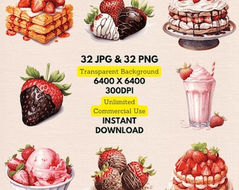Watercolor Strawberry Dessert Clipart PNG, Berry Bakery Bundle, Commercial Use, Sublimation, Junk Journal & Scrapbooking Art