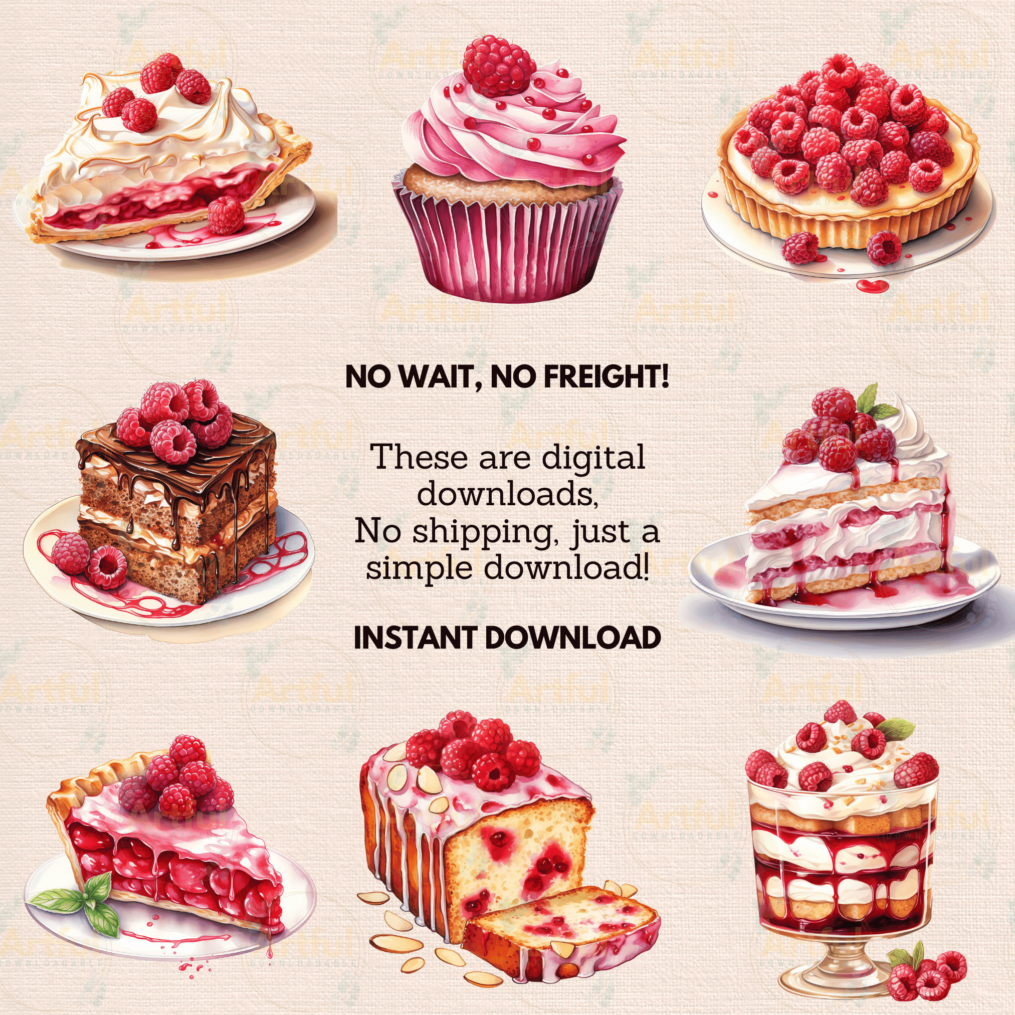 Raspberry Dessert Watercolor Clipart PNG JPG Bundle Instant Digital ...