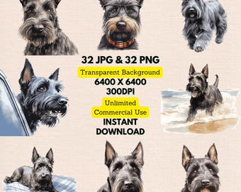 Scottish Terrier Watercolor Clipart PNG JPG Bundle Instant Digital Download, Unlimited Commercial Use, Birthday Invitation Card, Paper Craft