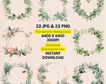 Cornice con bordo di eucalipto e ghirlanda, clipart ad acquerello PNG, biglietto d'invito per matrimonio, uso commerciale, junk journal e stampa artistica da parete